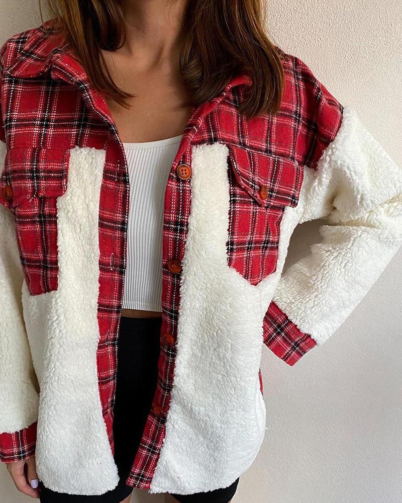 

Button Pocket Design Long Sleeve Plaid Teddy Coat, Red