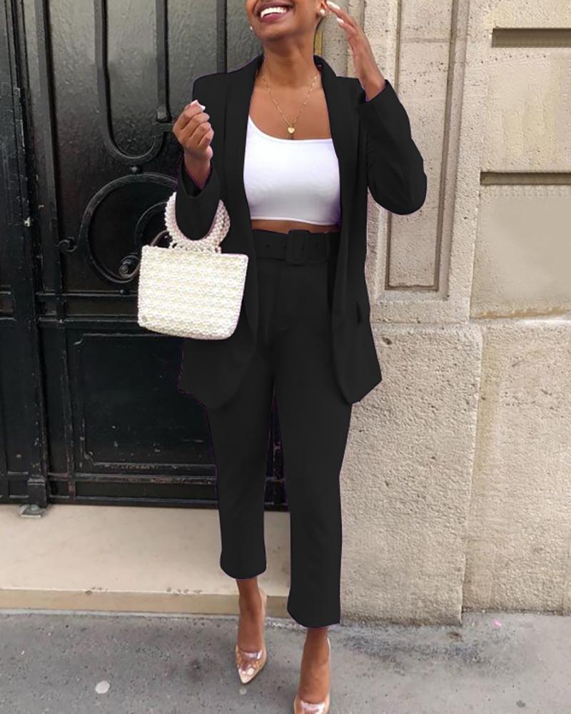 

Solid Notched Collar Pocket Blazer & Pants Sets, Black