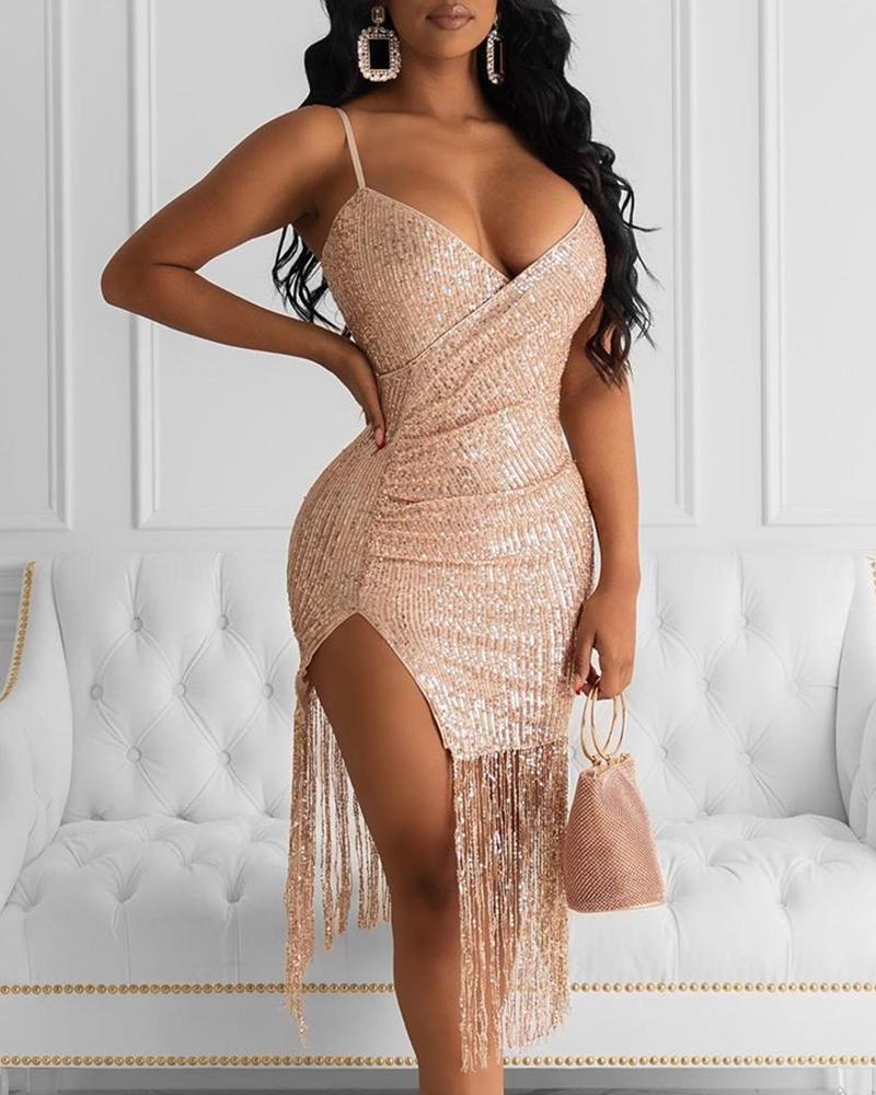 

Sequins Spaghetti Strap Tassel Design Backless Slit Dress, Pink