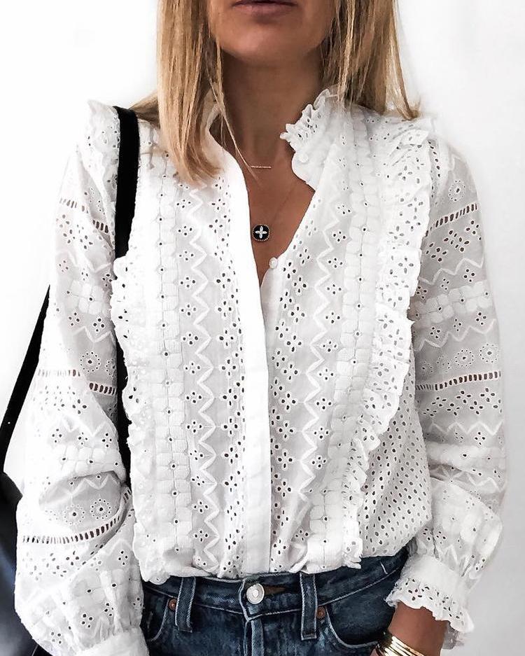 

Solid Hollow Out Frills Detail Casual Shirt, White