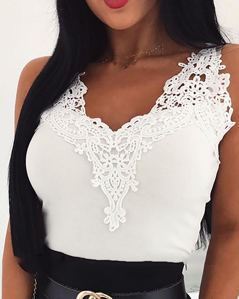 

Crochet Lace Insert Casual Top, White