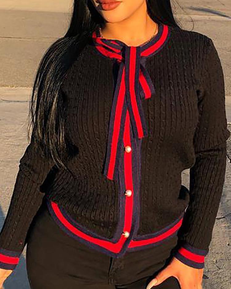 

Stripes Tape Binding Tie Neck Cardigan, Black