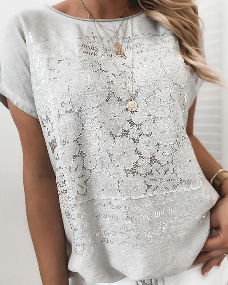 

Lace Insert Letter Pattern Short Sleeve T-shirt, Gray