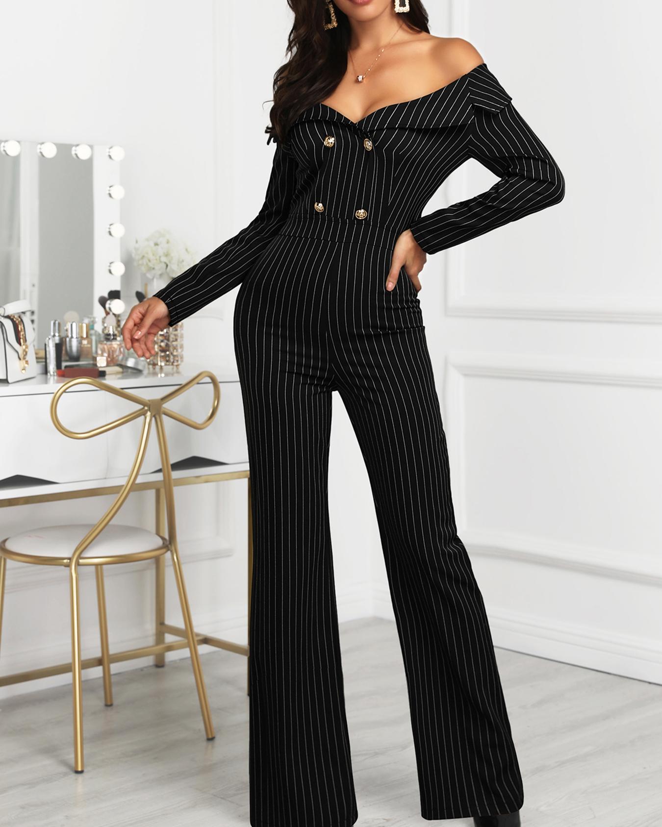 

Stripes Double Breasted Off Shoulder Jumpsuit, Black