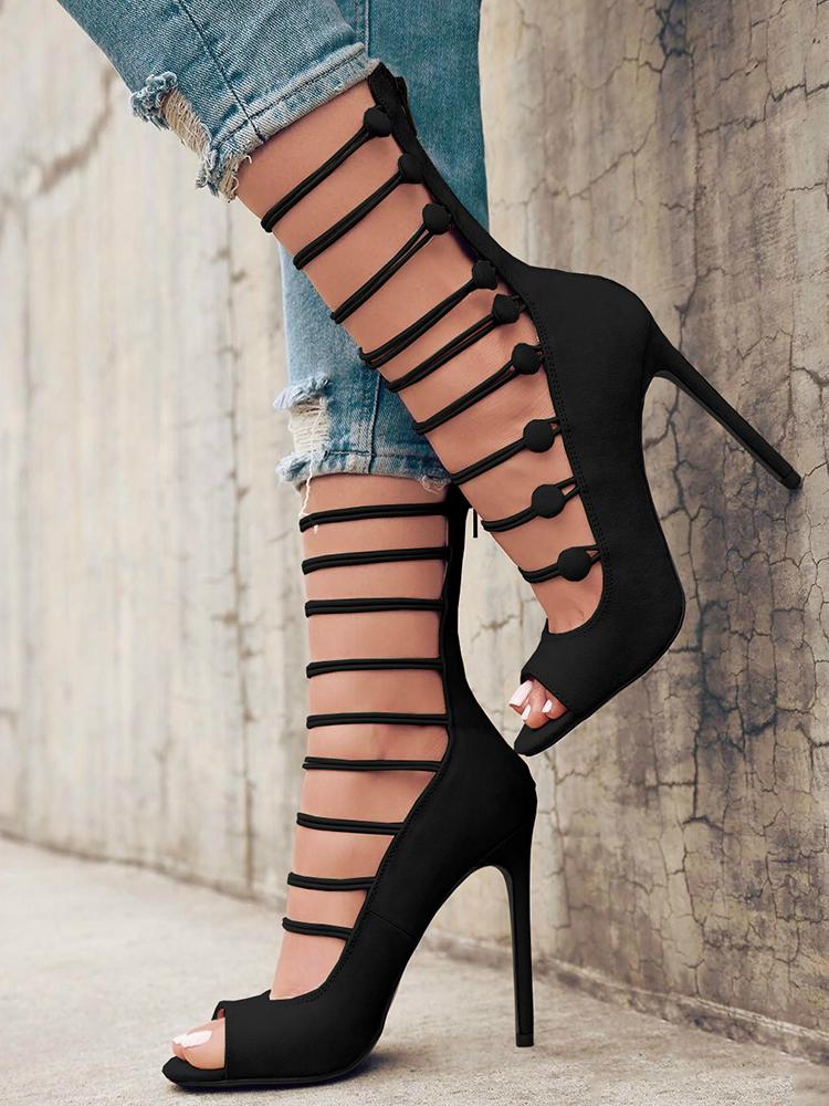 

Peep-toe Buttoned Strappy Zipper Back High Heeled Sandals