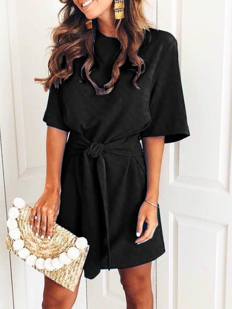

Solid Short Sleeve Self-Belted Casual Dress