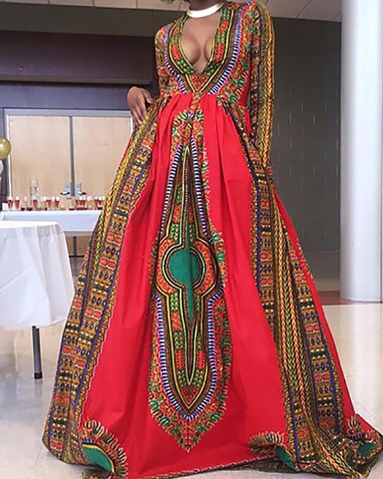 

Ethnic Style Printed Low Cut Maxi Dress, Red
