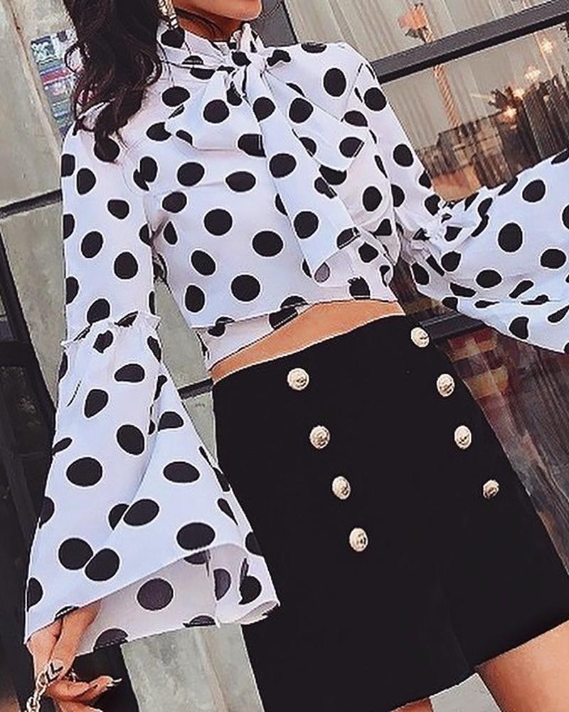 

Bell Sleeve Tied Neck Dot Print Blouse, White