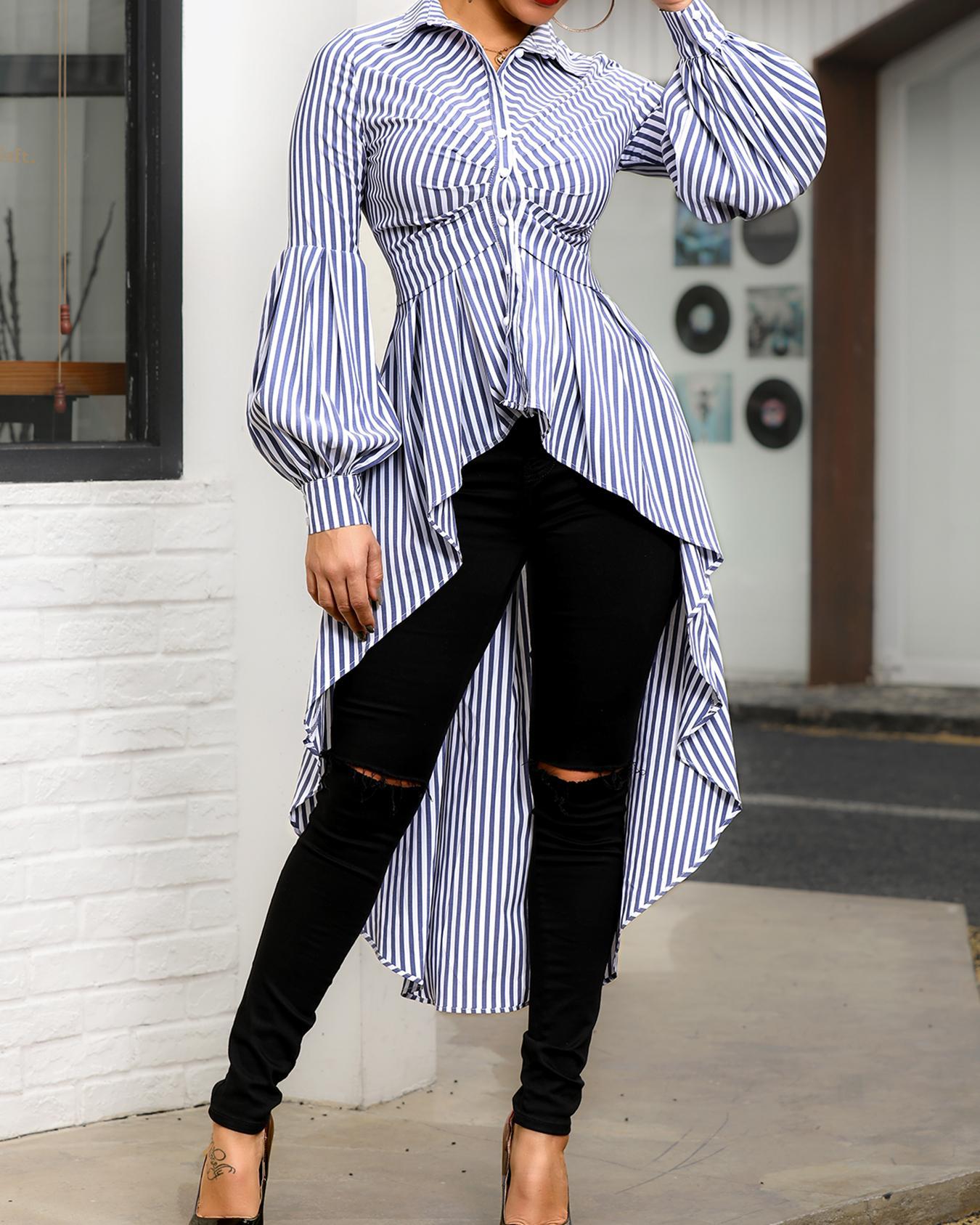 

Striped Lantern Sleeve Dip Hem Blouse, Blue