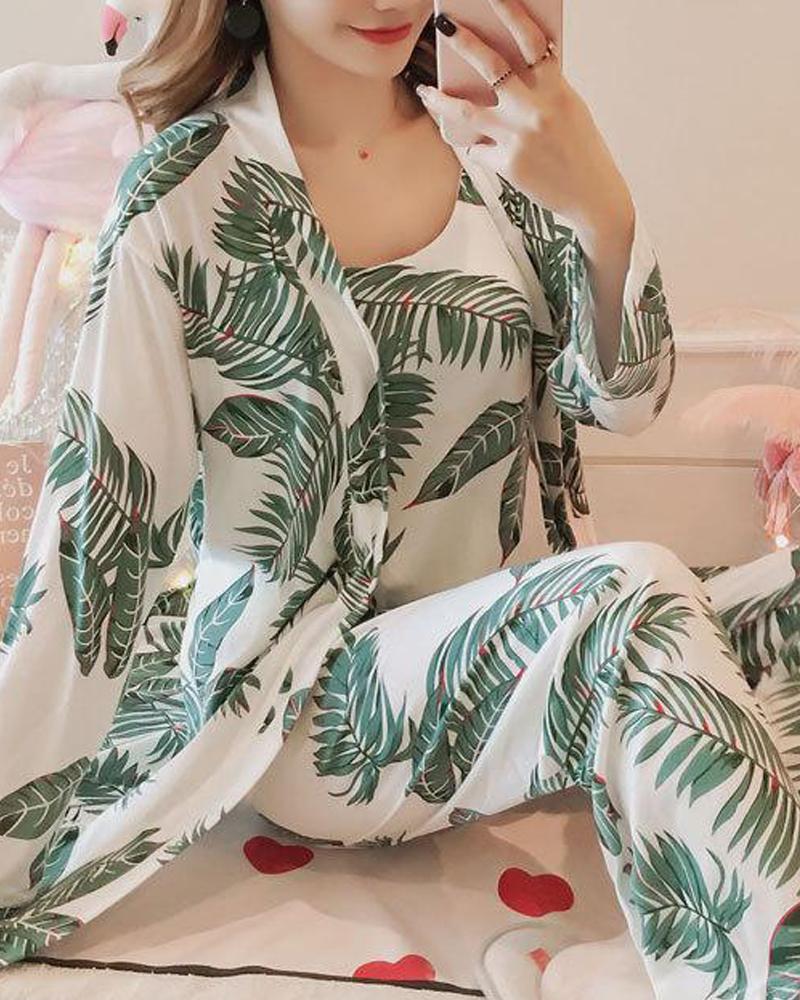 

Leaf Print Pajama 3-Piece Set, Green