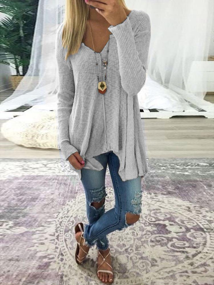 

Plus Size V Neck Rib Sweater, Gray