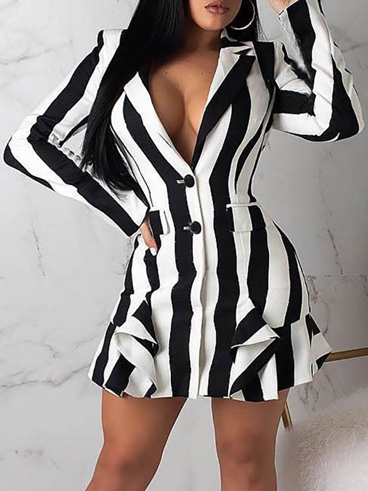 

Colorblock Striped Ruffles Detail Blazer Dress, Black