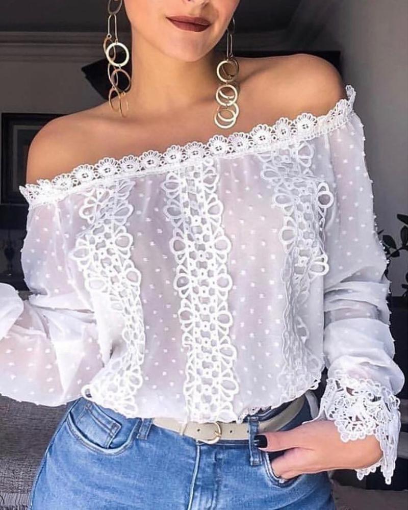 

Off Shoulder Lace Trim Casual Blouse, White
