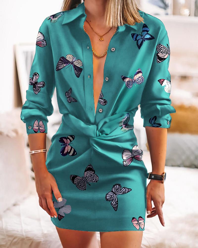 

Butterfly Print Button Design Twisted Shirt Dress, Blue