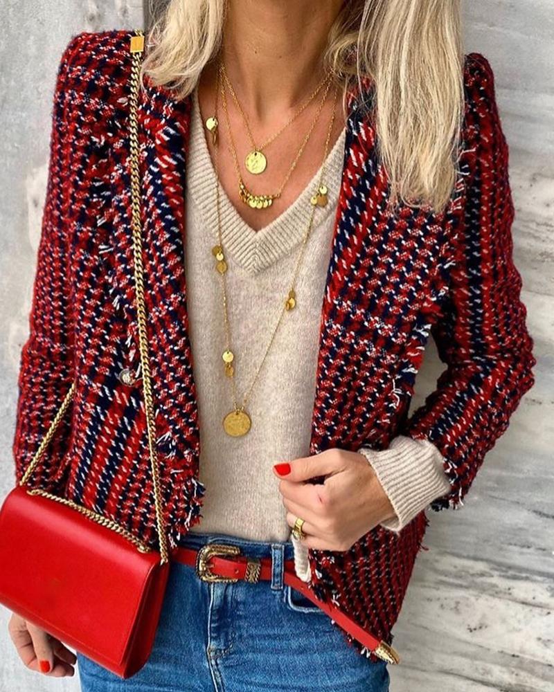 

Grid Notched Collar Double-breasted Blazer Coat, Dark red