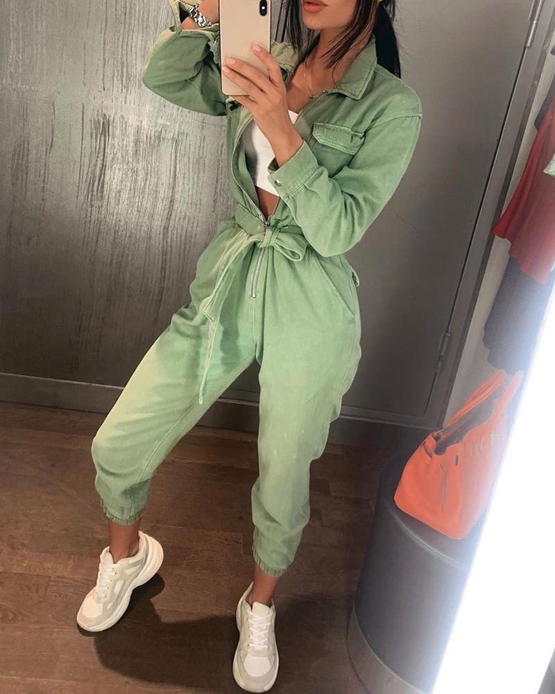

Solid Long Sleeve Zipper Pocket Cargo Jumpsuit, Green
