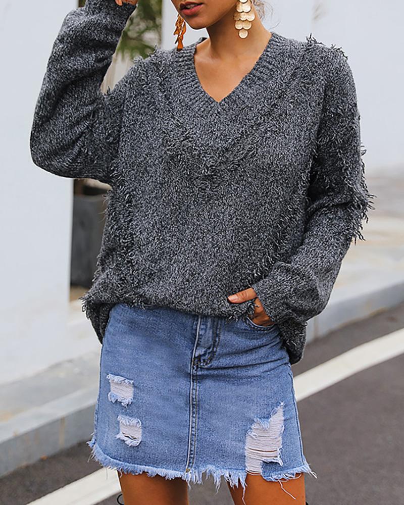 

Solid Tassel Design Casual Sweater, Gray