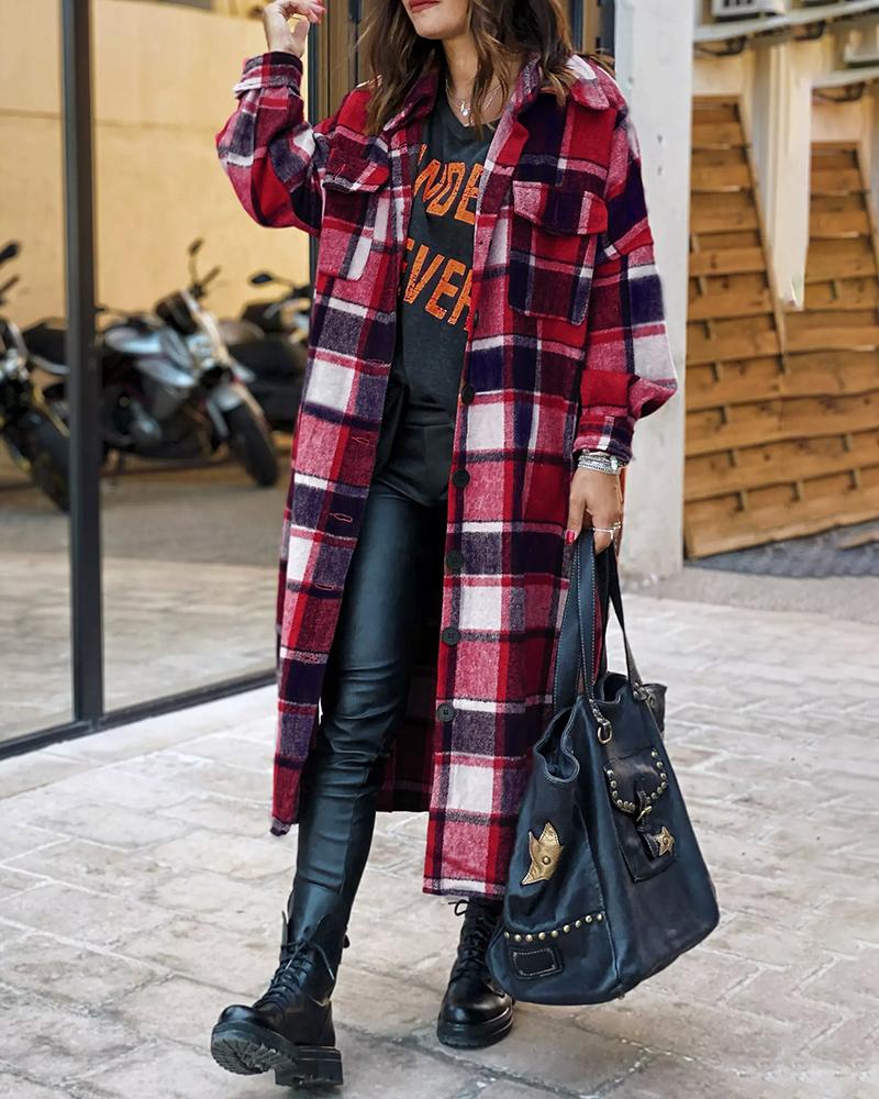 

Plaid Button Front Longline Coat, Wine red