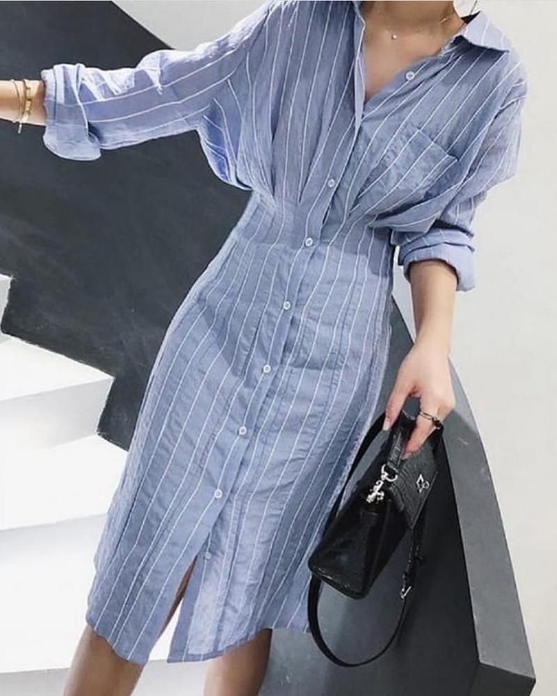 

Striped Long Sleeve Casual Shirt Dress, Blue