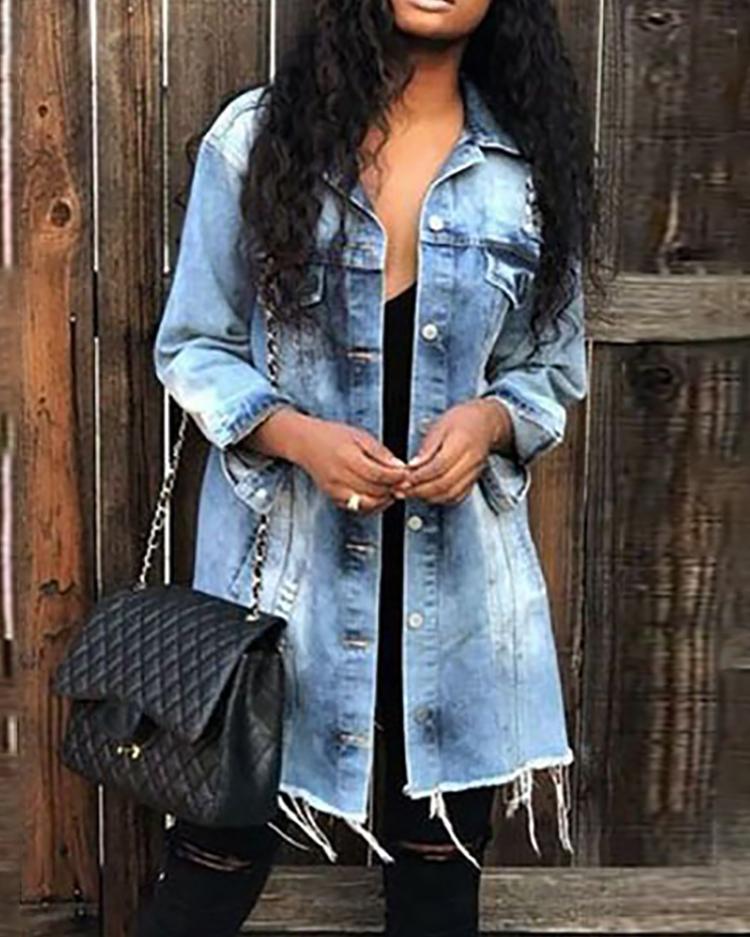 

Button Through Distressed Fringes Hem Denim Coat, Light blue