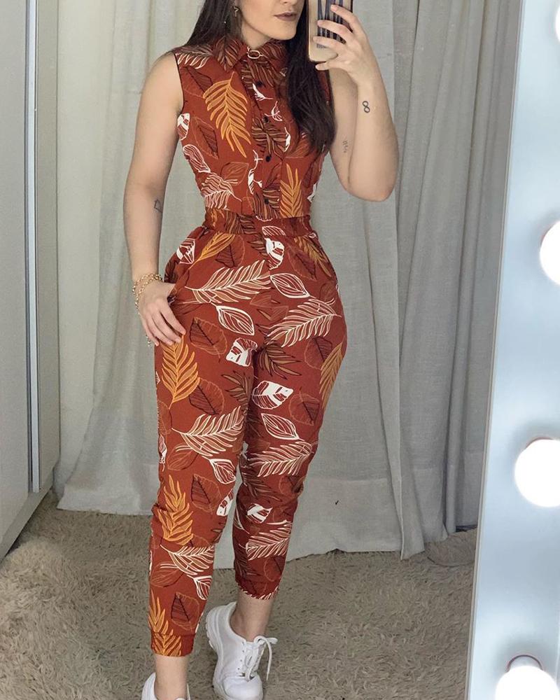 

Leaf Print Sleeveless Jumpsuit, Brown