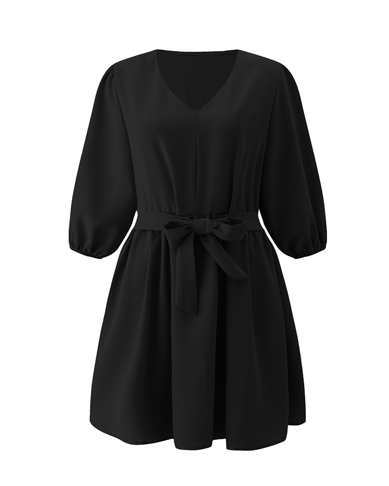 

Lantern Sleeve Plain Casual Dress, Black