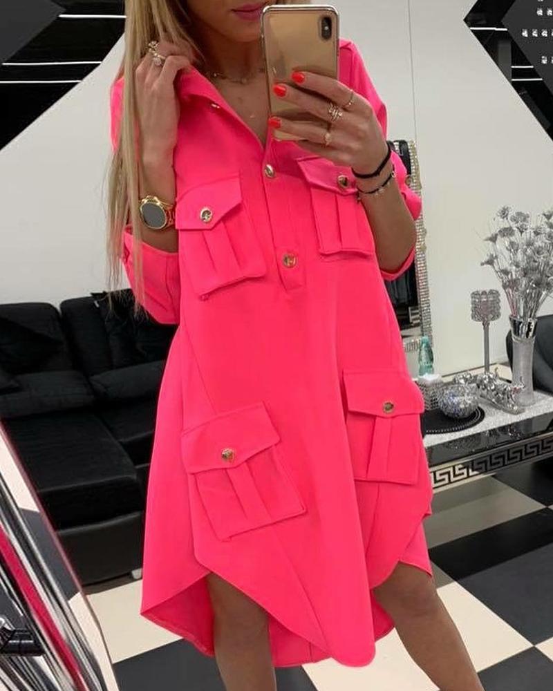 

Pocker Design Buttoned Irregular Shirt Dress, Hot pink