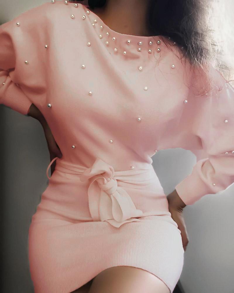 

Beaded Batwing Sleeve Knit Long Sleeve Dress, Pink