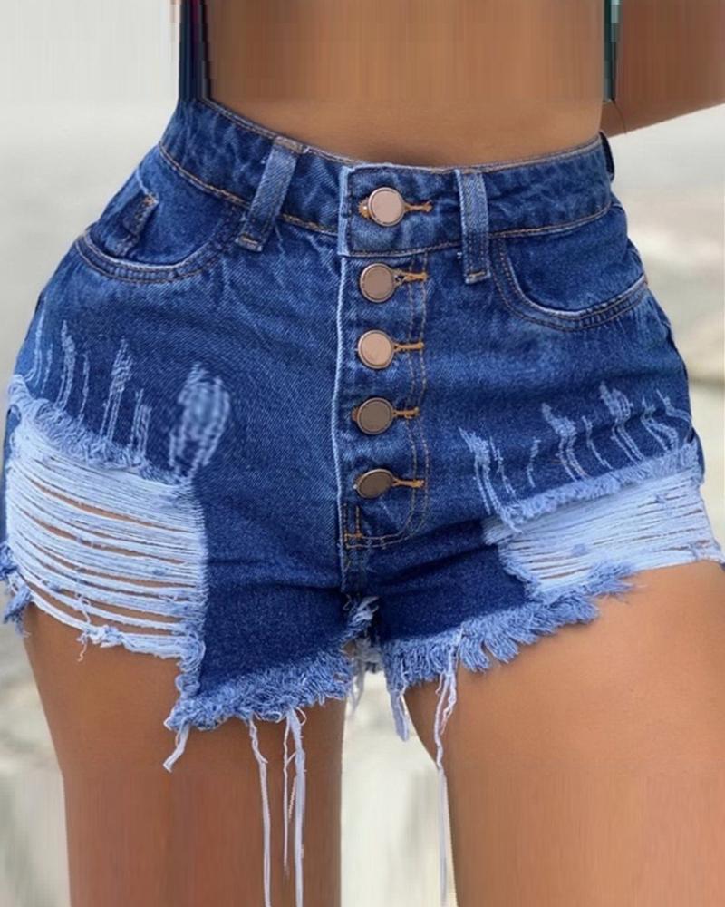 

Button Design Fringe Hem Ripper Denim Shorts, Dark blue