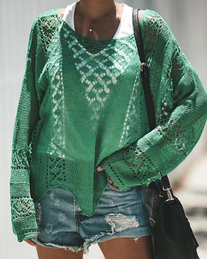 

Plain Hollow Out Long Sleeve Top, Green