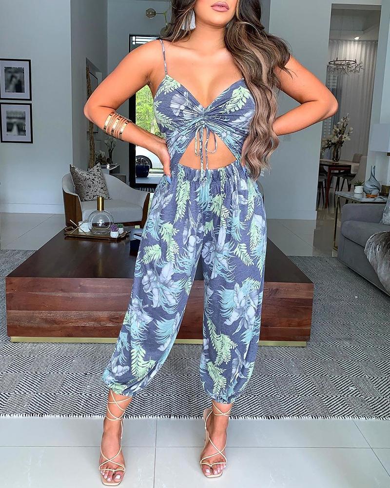 

Leaf Print Spaghetti Strap Ruched Jumpsuit, Blue