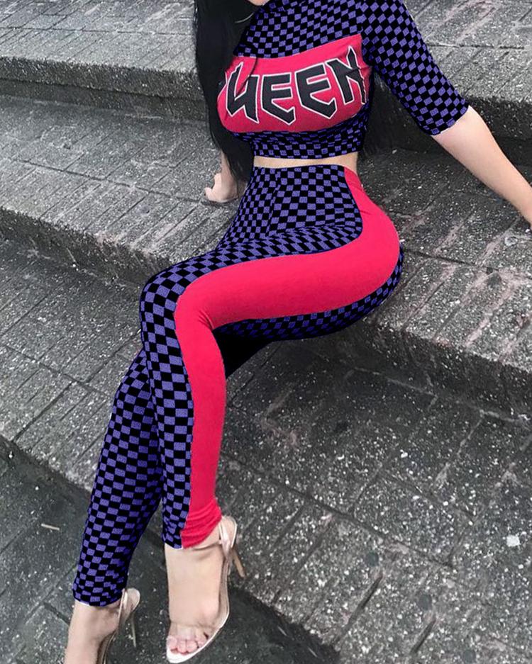 

Checkerboard Print Striped Tape Side Pants Set, Blue