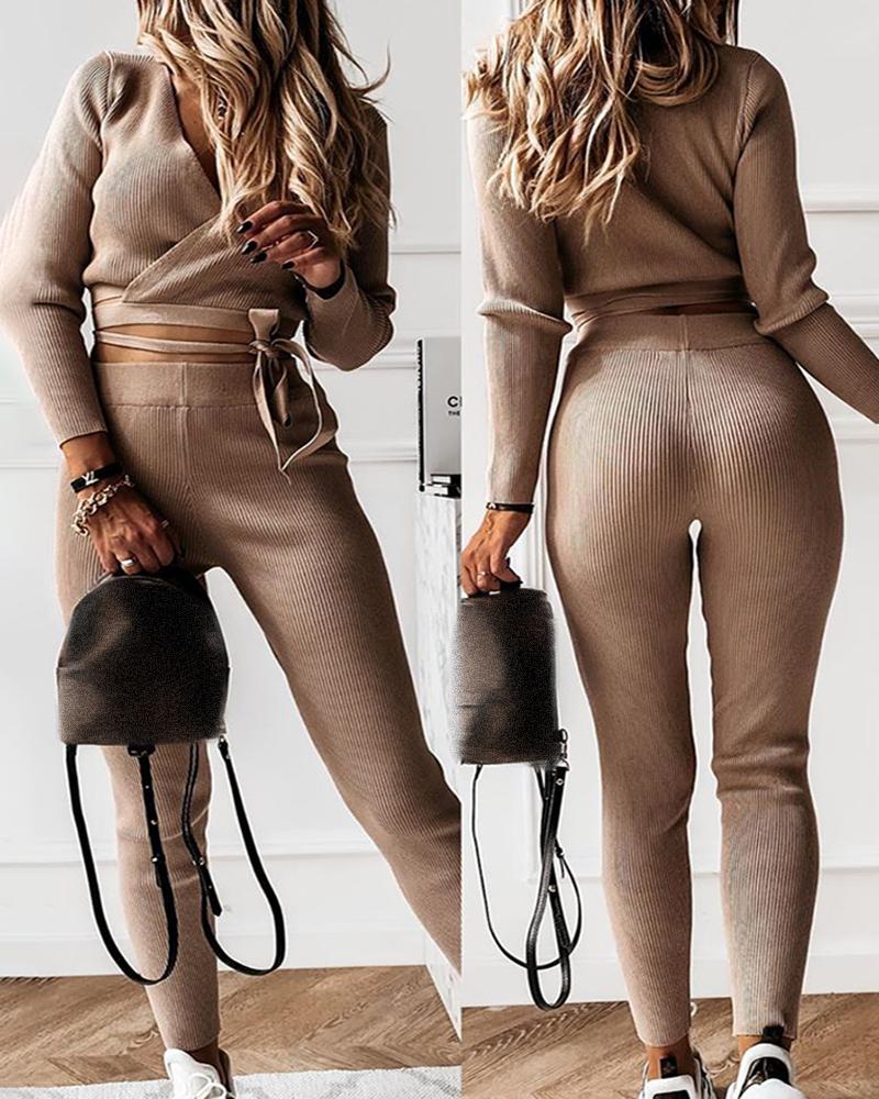 

Solid Tied Detail Wrap Crop Top & High Waist Pants Set, Khaki