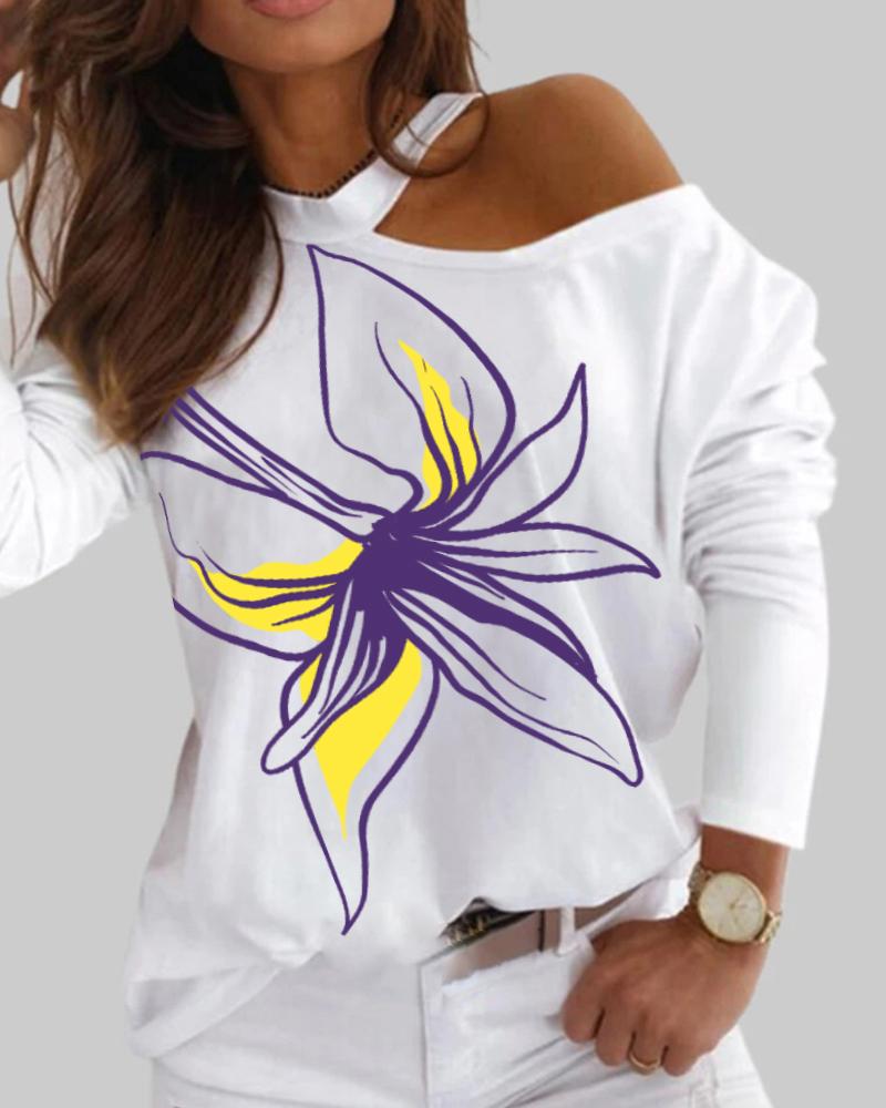

Iris Print Long Sleeve One Shoulder Top, White