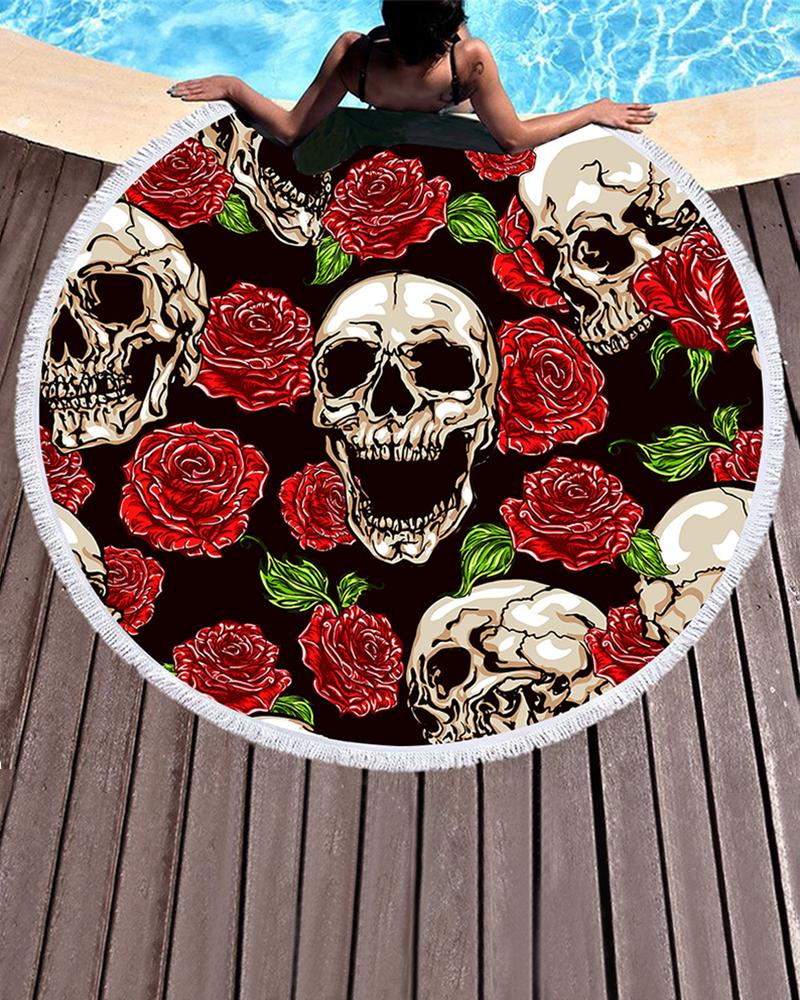 

Flower Skull Print Tassel Pool Beach Towel Blanket(150CM*150CM, Red