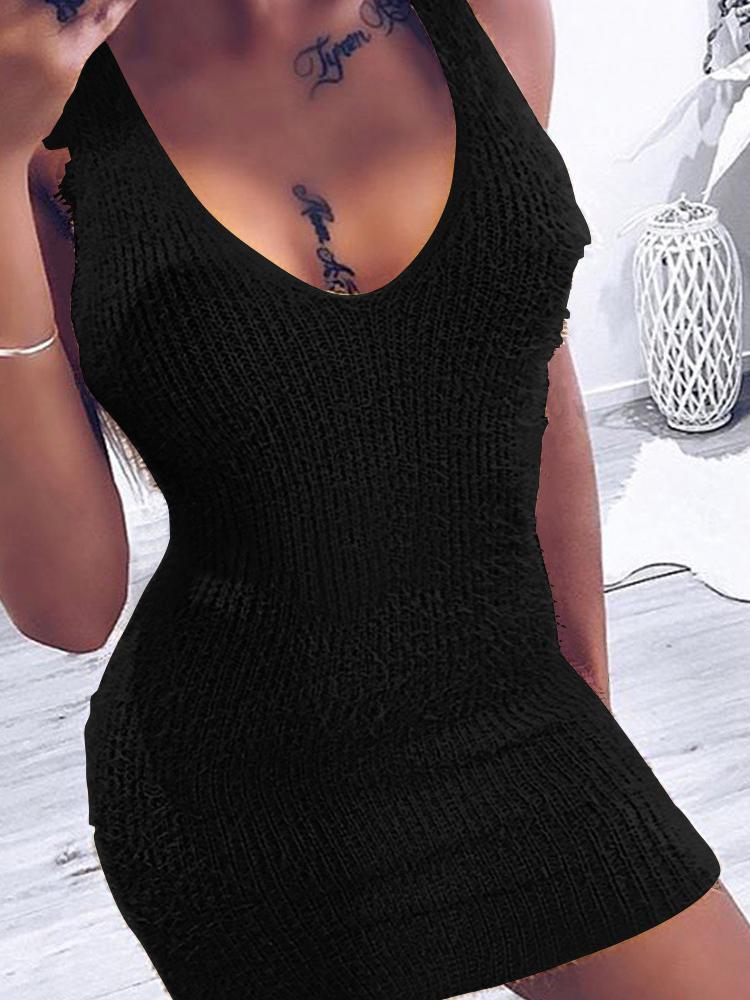 

Solid Fluffy U-Neck Bodycon Dress, Black