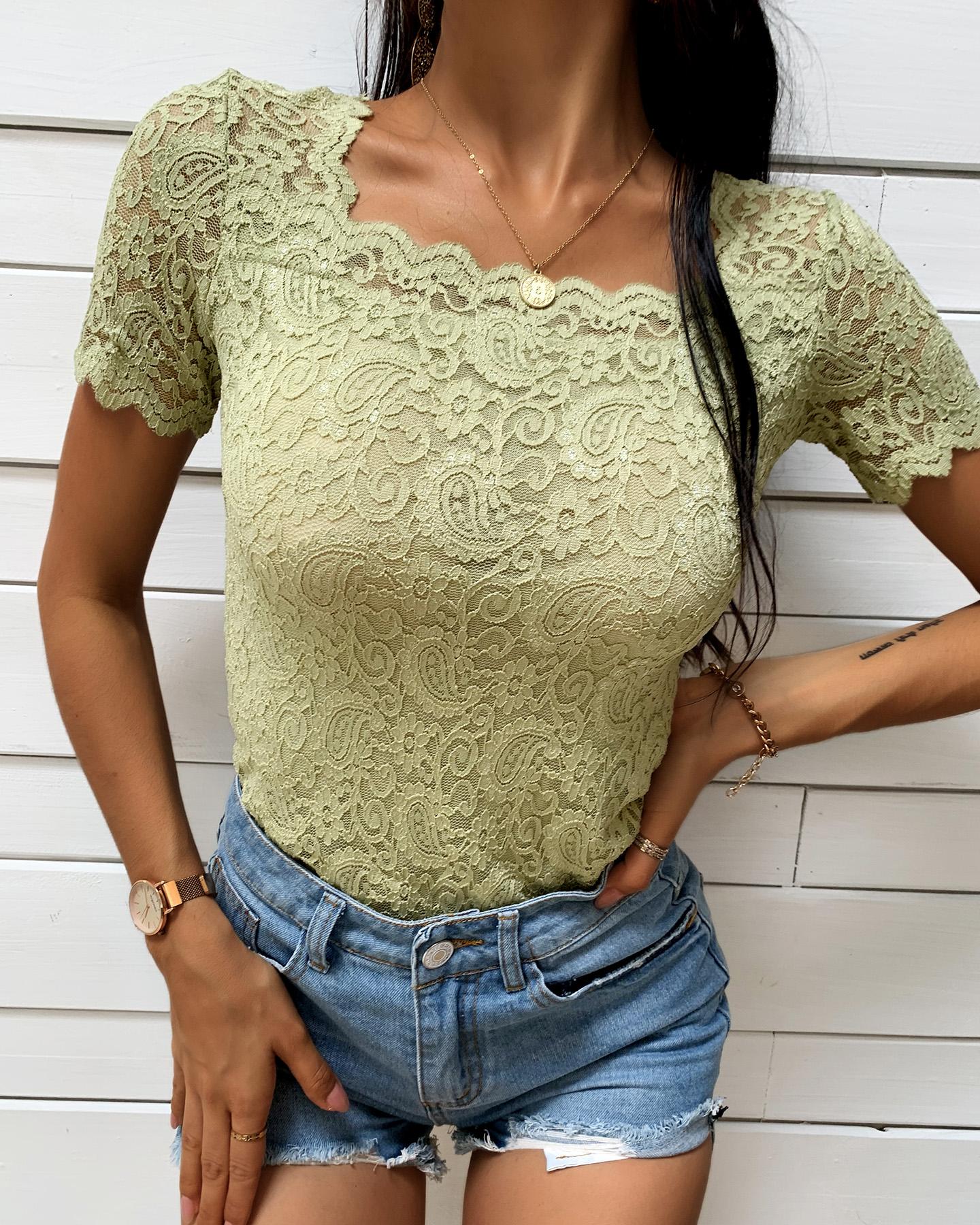 

Wave Trim Lace Short Sleeve Top, Green
