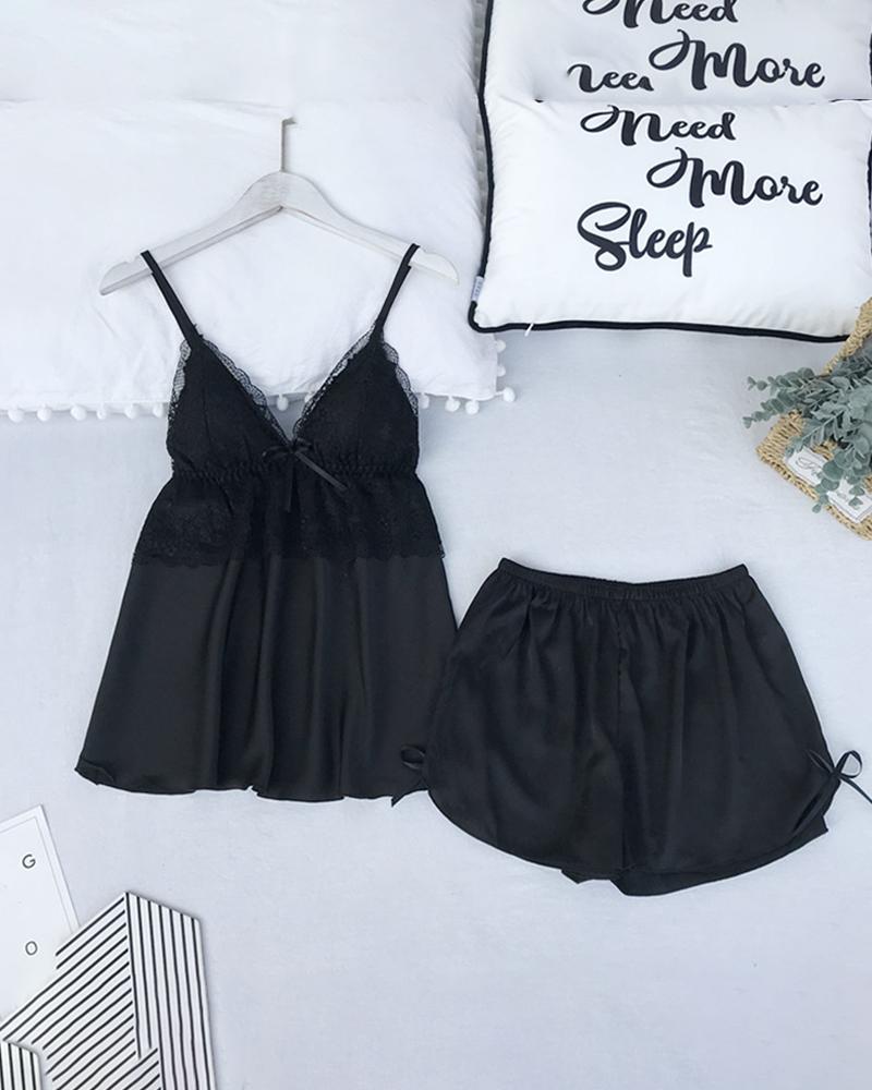 

Bowknot Lace Insert Satin Cami Set, Black