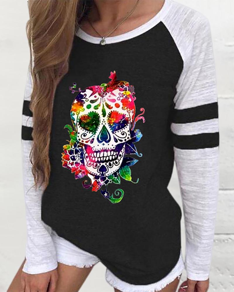 

Long Sleeve Casual Skull Print Sweatshirt, Black