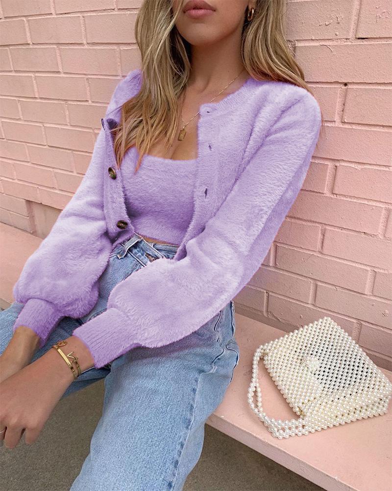 

Warm Fluffy Long Sleeve Coats & Tank Top Sets, Purple