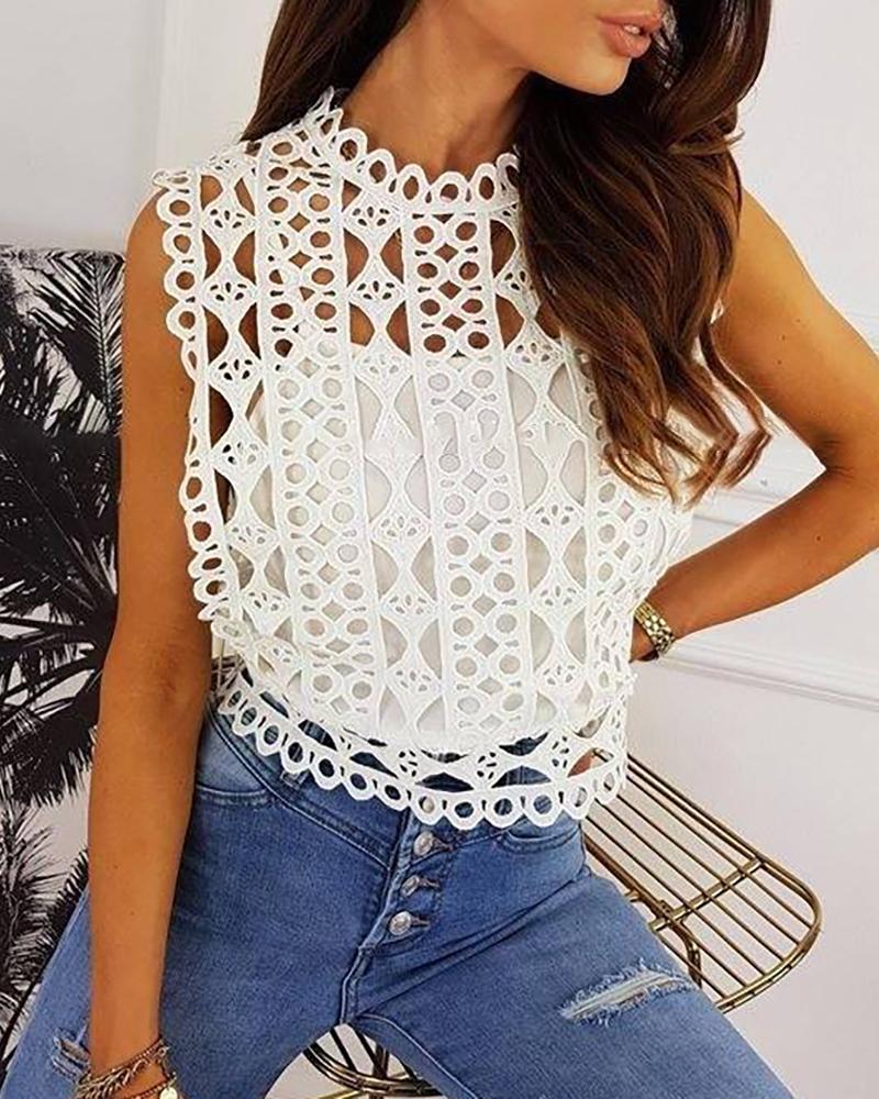 

Cutwork Lace Hollow Out Sleeveless Top, White