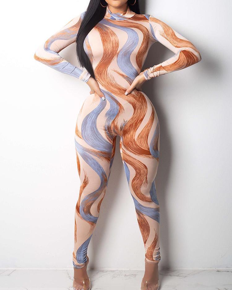 

Abstract Print Mock Neck Long Sleeve Jumpsuits, Multicolor