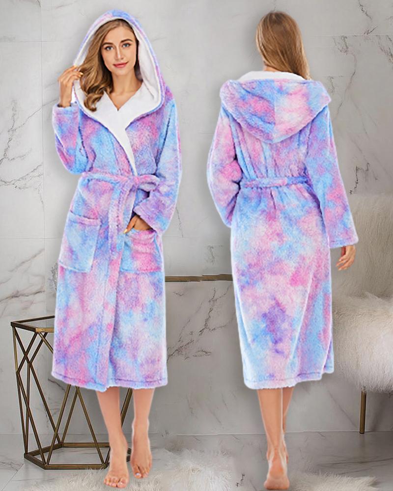 

Tie Dye Print Dual Pocket Belted Plush Hooded Robe, Purple