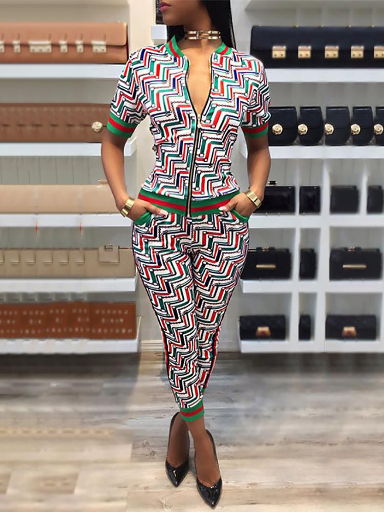 

Print Short Sleeve Zipper Up Jacket & Pants Set