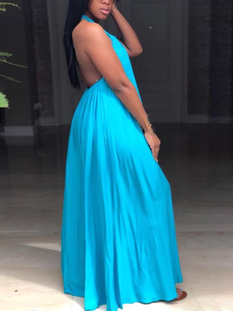 

Solid Halter Backless Loose Casual Maxi Dress, Blue