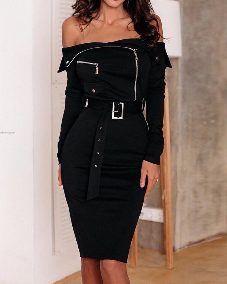 

Off Shoulder Zipper Design Belted Dress, Black