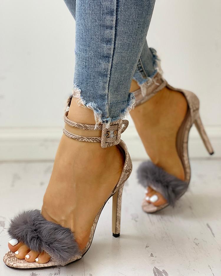 

Sexy Faux Fur Anklet Buckles Heeled Sandals, Leopard