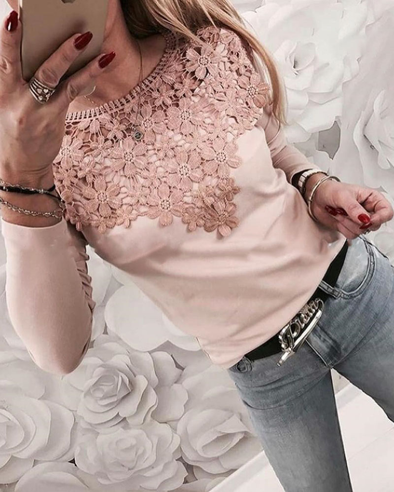 

Long Sleeve Crochet Lace Yoke Casual Top