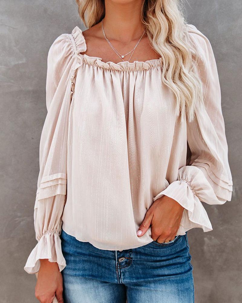 

Solid Color Ruffle Flared Sleeves Blouse, Apricot