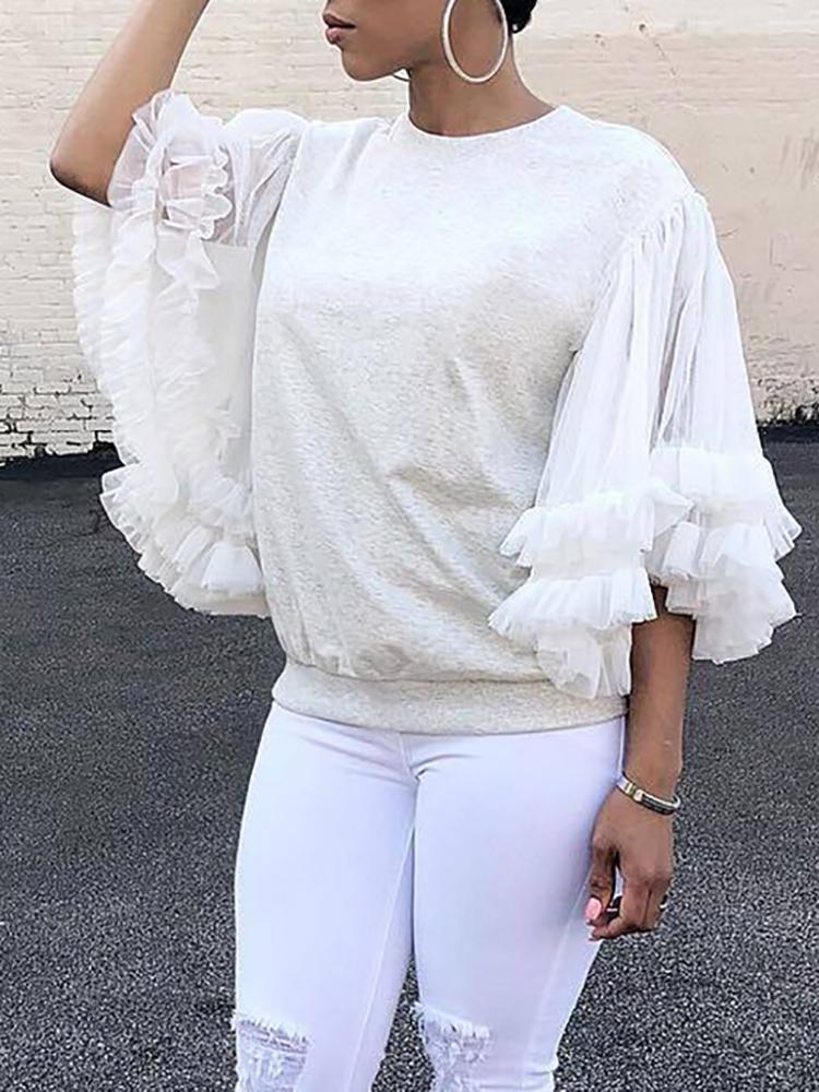 

Ruffle Mesh Flare Sleeve Splicing Loose Blouse, Beige